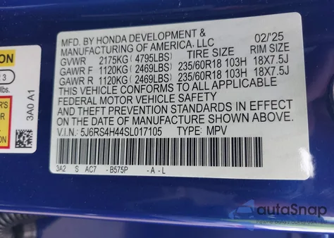 2025 Honda Cr-V Ex Awd из США, поврежденный, VIN 5J6RS4H44SL017105